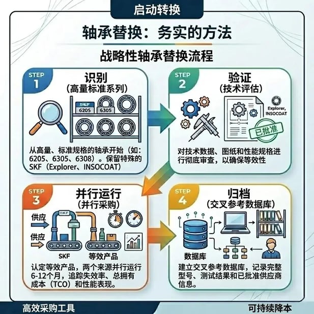 切换至SKF等效轴承的四步流程：识别、验证、并行采购、建档