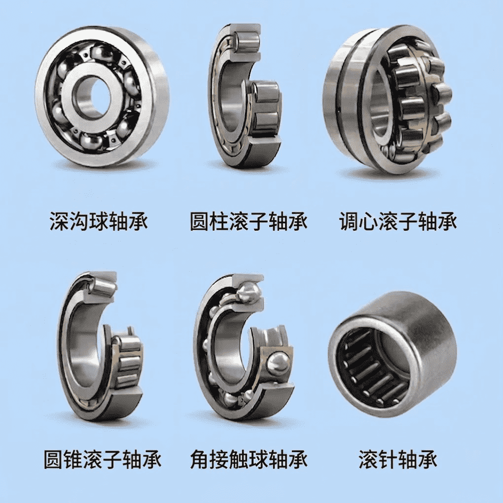压配合应用中的六种轴承类型对比,包括深沟球轴承、圆柱滚子轴承、球面滚子轴承、圆锥滚子轴承、角接触球轴承和滚针轴承-1