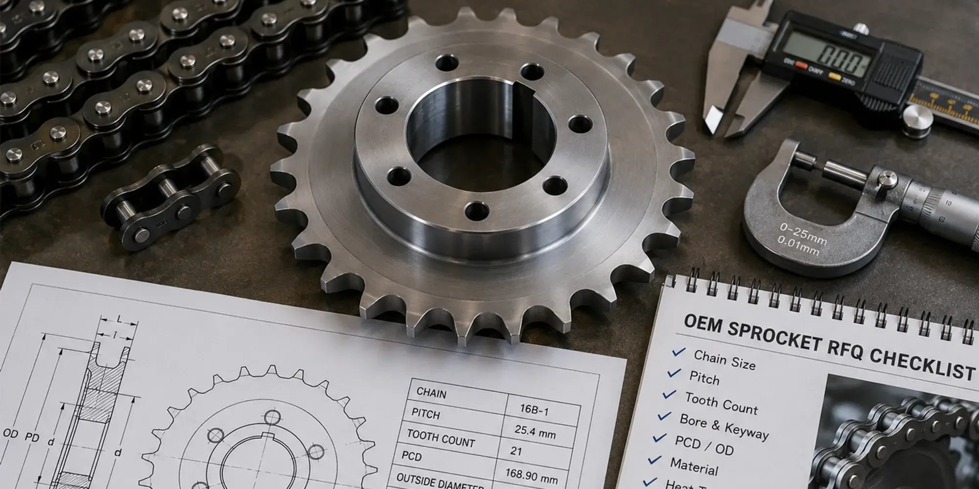 Roller chain sprocket drawing, chain sample, and inspection tools prepared for an OEM RFQ review.
