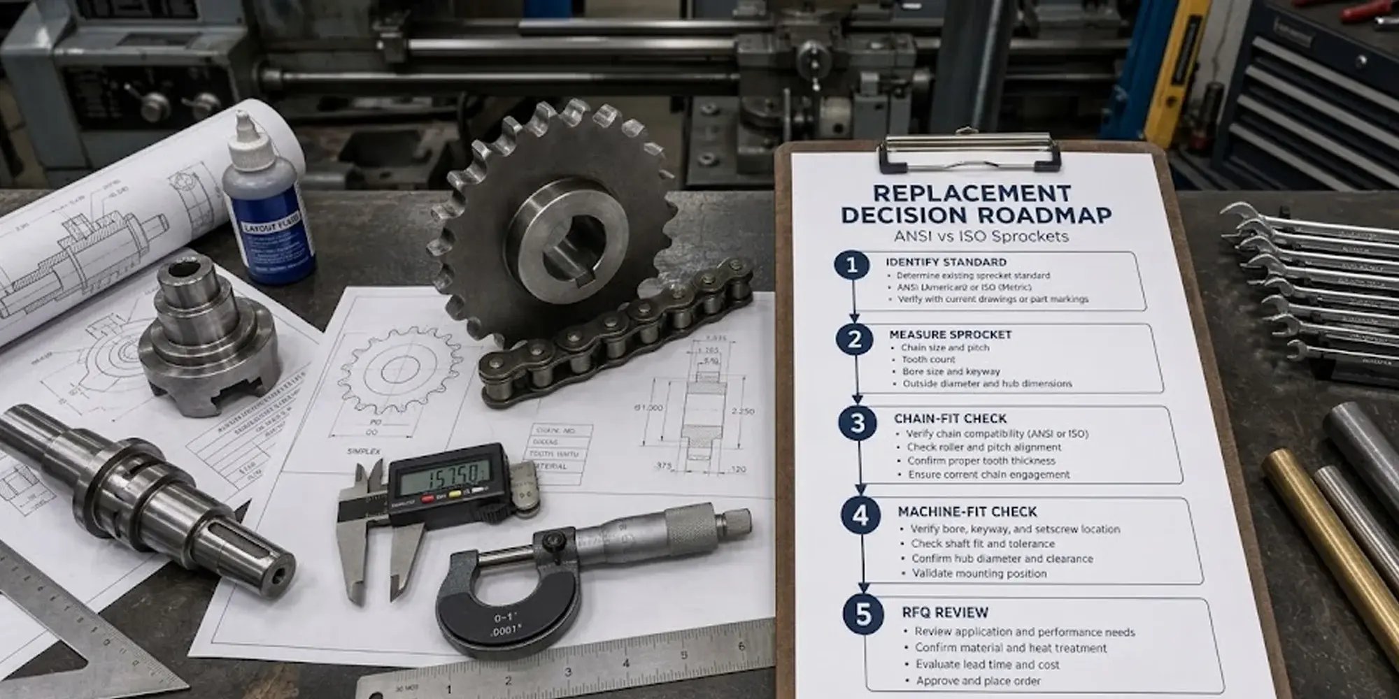 A 5-step flowchart for sprocket replacement: Identify Standard, Measure Sprocket, Chain-Fit Check, Machine-Fit Check, and RFQ Review.