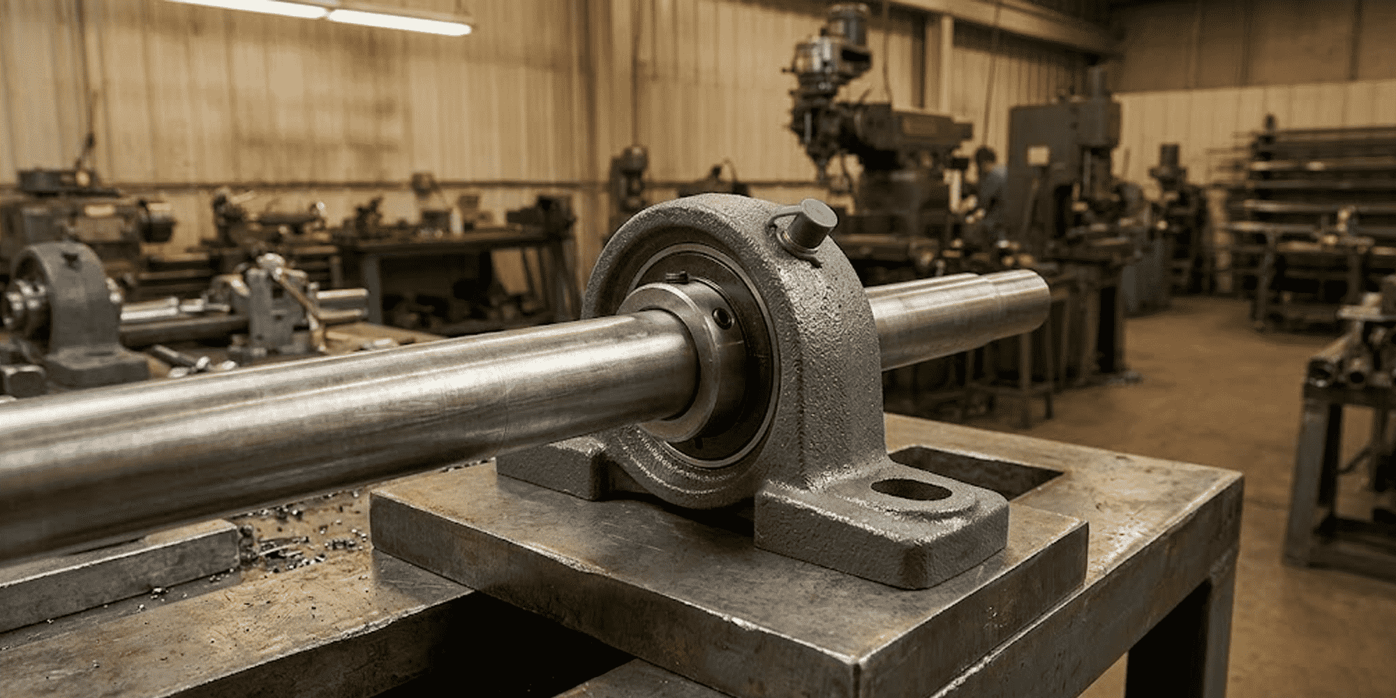 Cast iron pillow block bearing mounted on a steel shaft in an industrial workshop