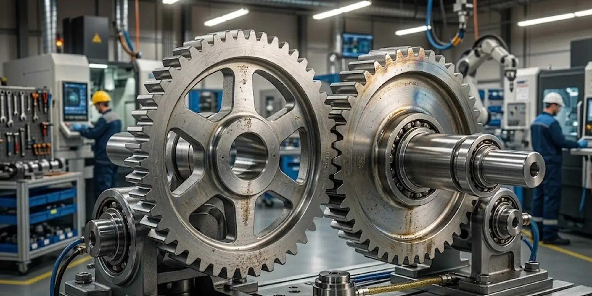 Two custom precision gears perfectly meshing in a high-tech manufacturing workshop, showcasing high-grade industrial processing.