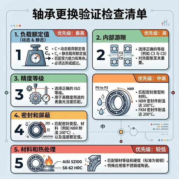 切换至SKF等效轴承前的五点验证检查清单：负载额定值、内部游隙、精度等级、密封和材料