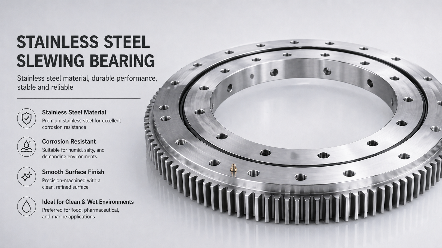Stainless steel slewing bearing being reviewed for an industrial corrosion-resistant application