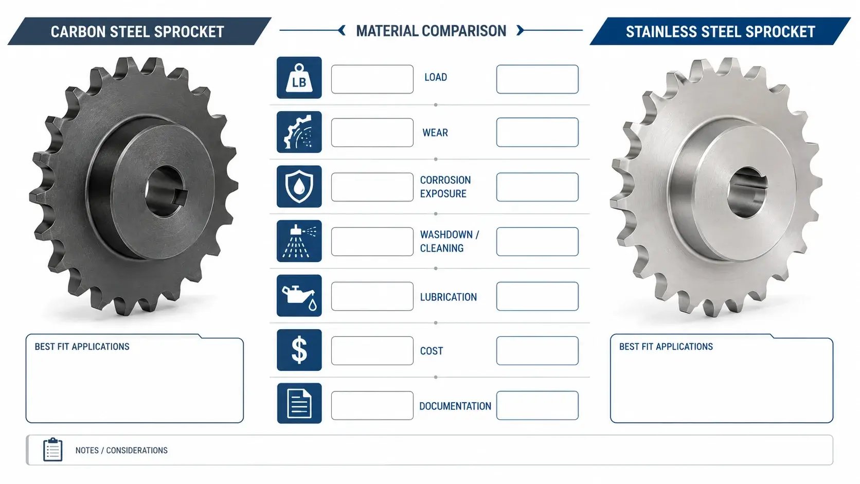 Carbon steel and stainless steel sprockets comparison for industrial material selection based on load, wear, corrosion exposure, cleaning, lubrication, and cost.