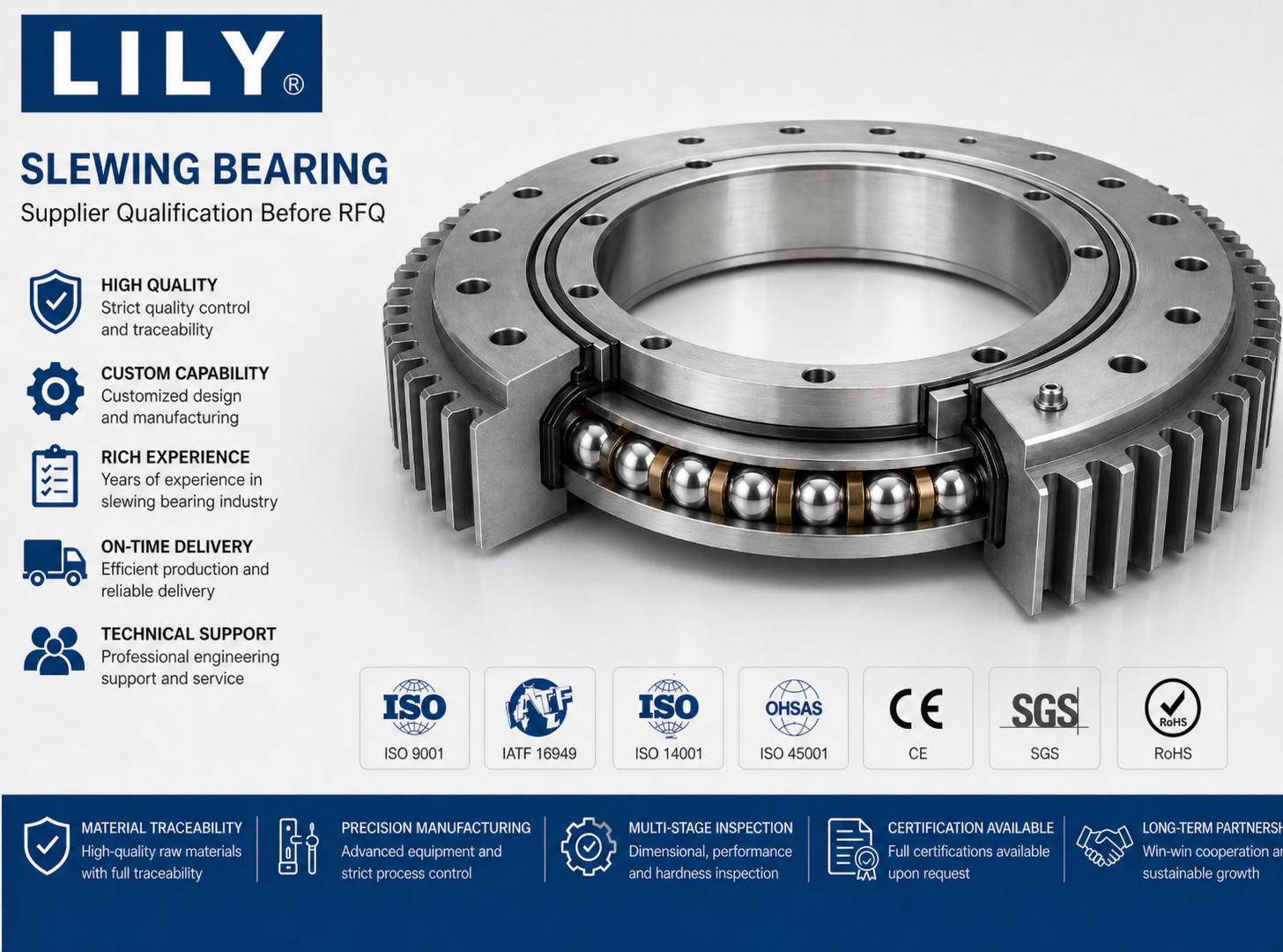 Buyer reviewing slewing ring bearing supplier qualification documents before preparing an RFQ.