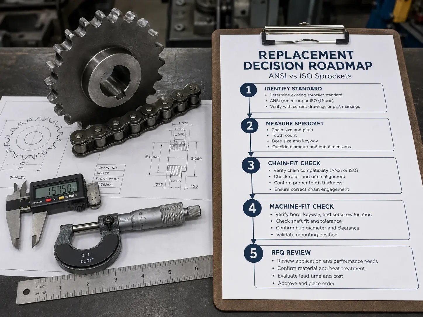 ANSI vs ISO sprocket replacement roadmap showing standard identification, measurement, chain-fit checks, machine-fit checks, and RFQ review.
