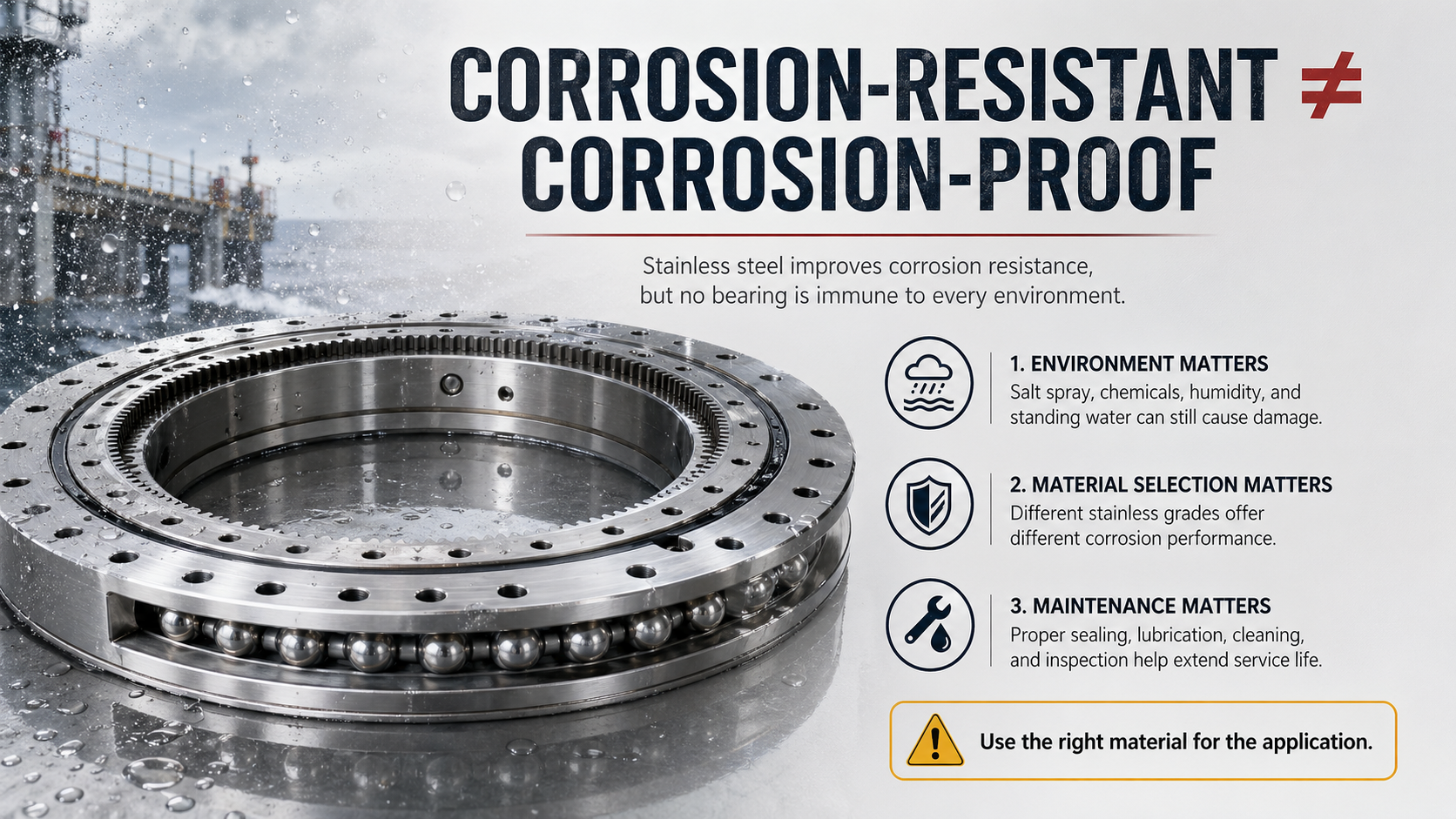 Caution visual explaining that corrosion-resistant stainless steel slewing bearings are not corrosion-proof
