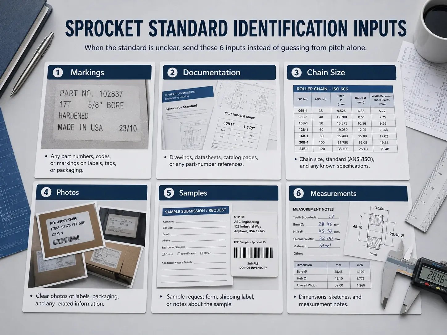 Sprocket standard identification guide showing markings, documentation, chain size, photos, samples, and measurements.