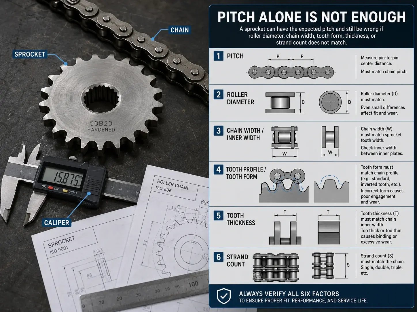 Sprocket replacement diagram showing that pitch alone is not enough and that roller diameter, chain width, tooth profile, thickness, and strand count must also be checked.