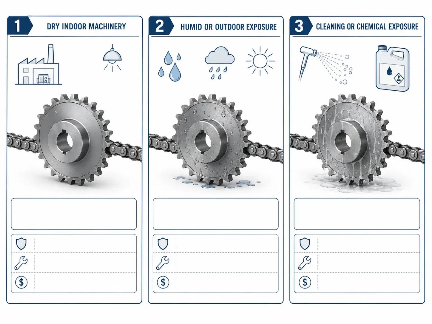 Sprocket environment exposure comparison showing dry indoor, humid outdoor, washdown, cleaning, and chemical exposure conditions for material review.