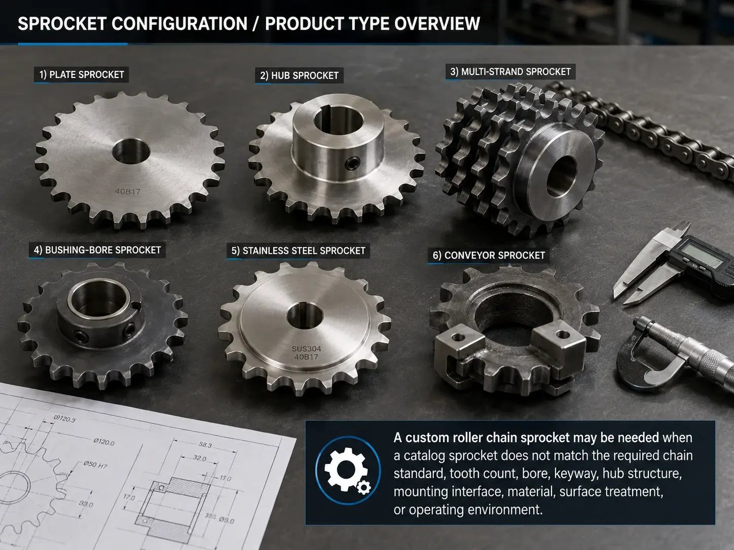 Representative roller chain sprocket configurations including plate, hub, multi-strand, bushing-bore, stainless, and conveyor sprockets.