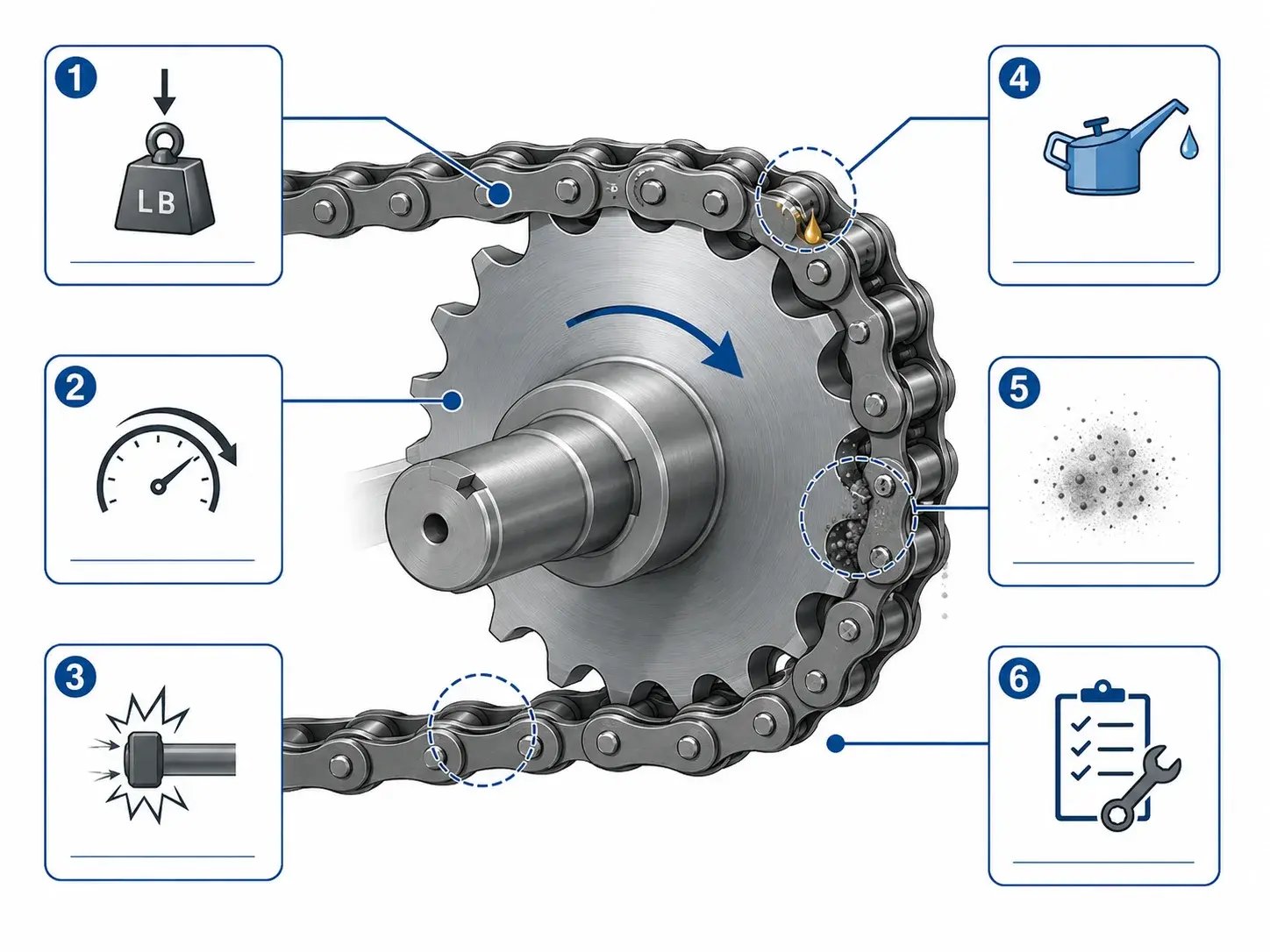 Industrial chain drive sprocket diagram showing load, speed, shock load, lubrication, contamination, and wear factors for material selection.