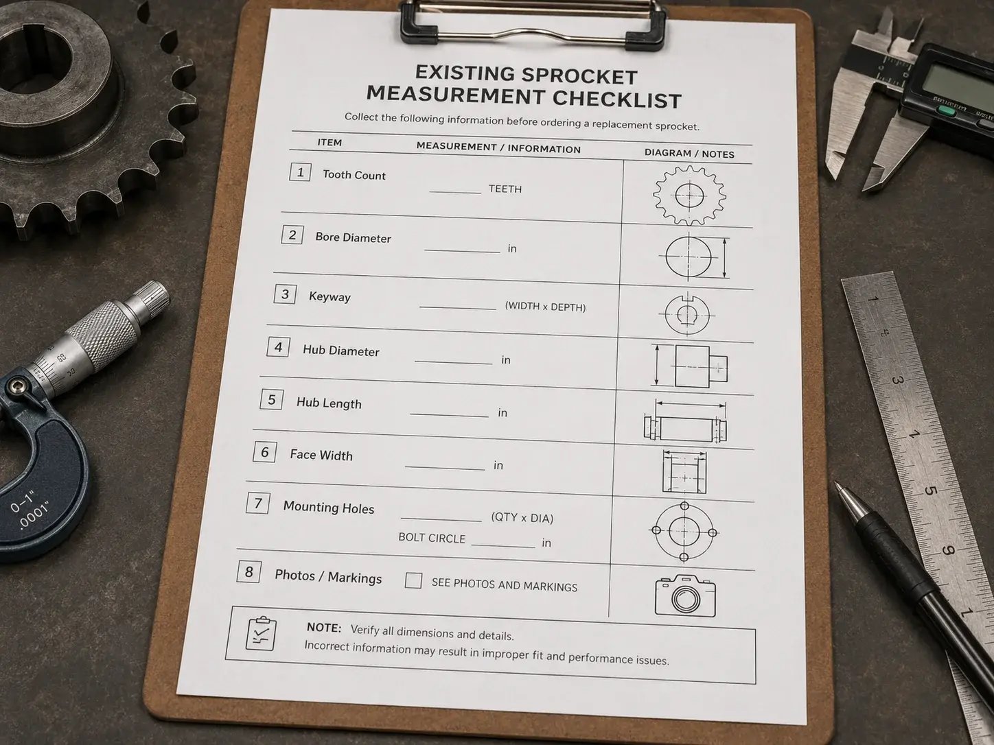 Existing sprocket measurement diagram showing tooth count, bore diameter, keyway, hub dimensions, face width, mounting holes, and photos to collect before ordering.