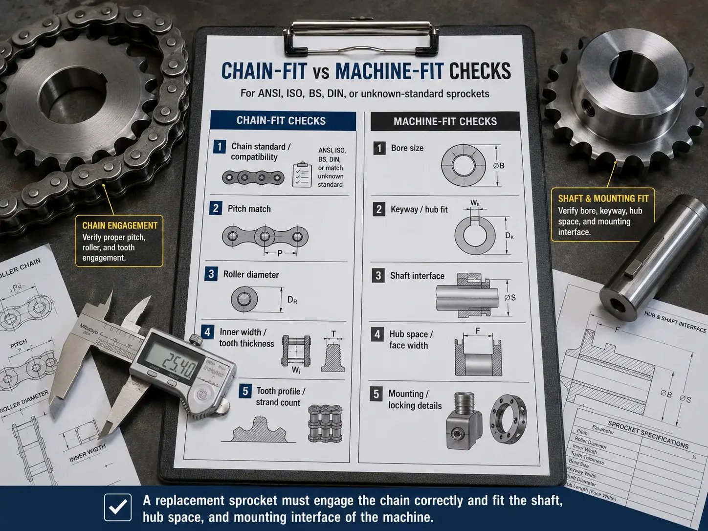 Chain-fit versus machine-fit sprocket replacement checks for ANSI, ISO, BS, DIN, or unknown-standard sprockets.