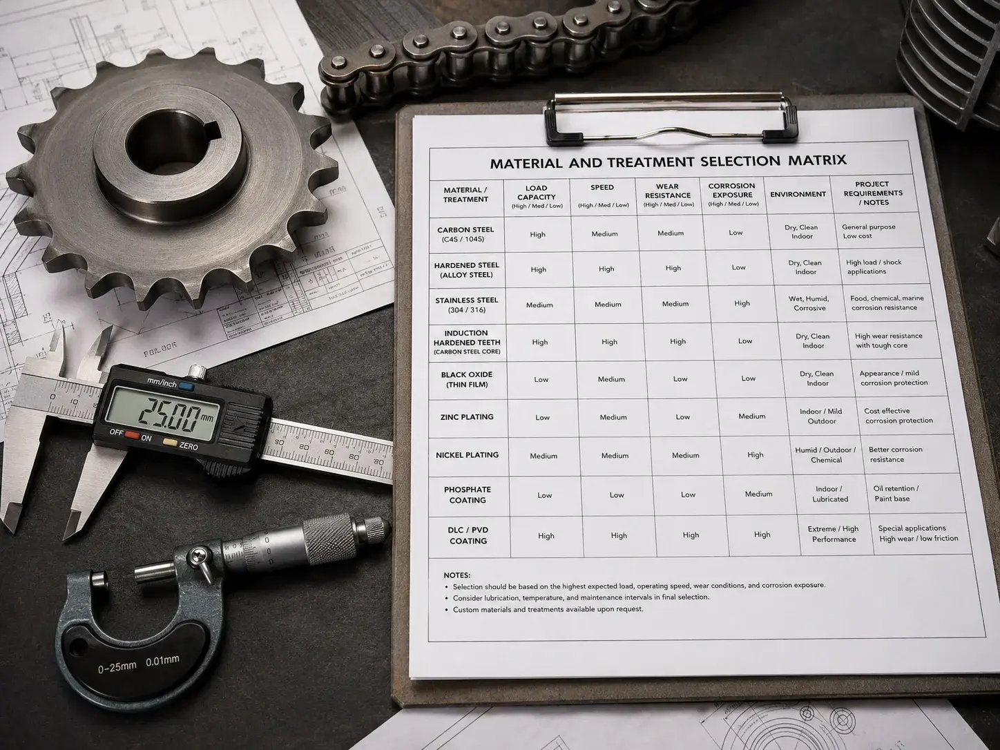 Material and treatment selection matrix for roller chain sprockets based on load, speed, wear, corrosion exposure, and project requirements.