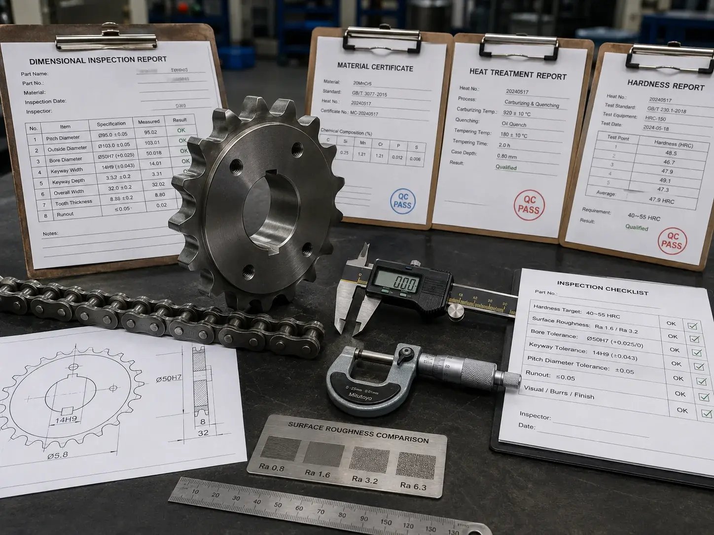 Quality control and documentation review for roller chain sprocket manufacturing, including inspection tools and project document placeholders.