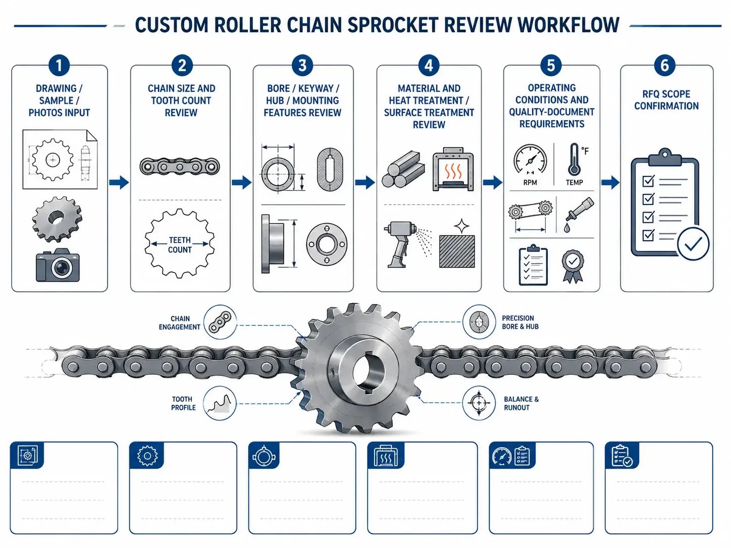 Custom sprocket review workflow for carbon steel or stainless steel sprockets based on drawings, chain size, bore, keyway, material, treatment, operating conditions, and documents.