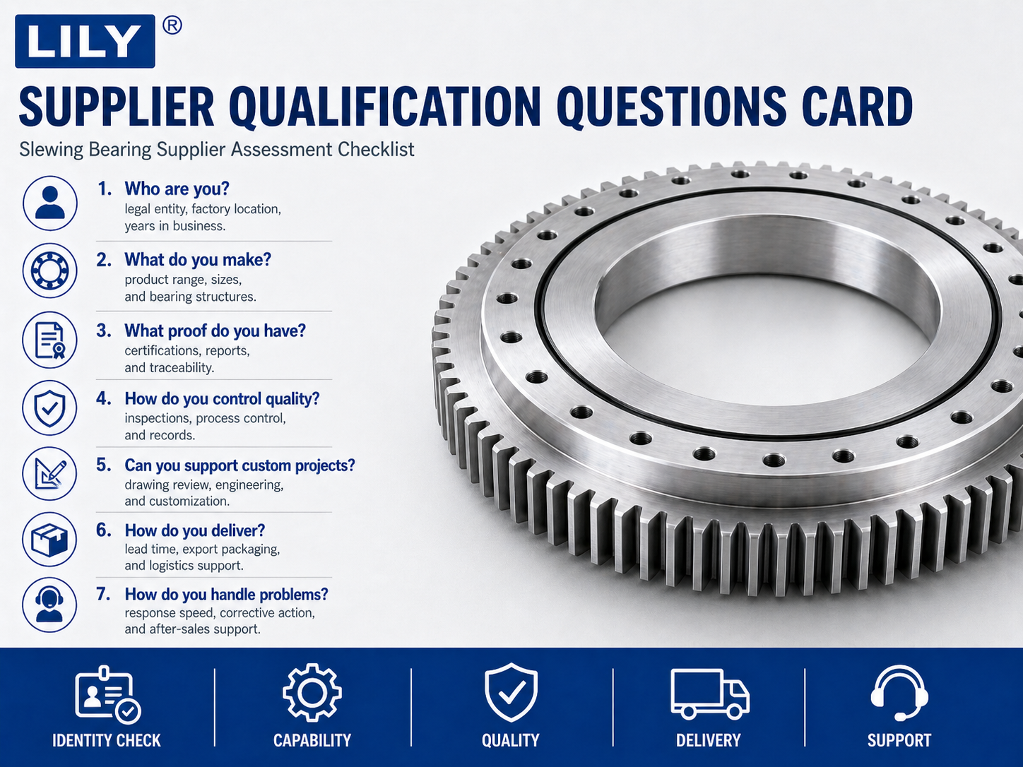 Supplier qualification question card for buyers evaluating a slewing ring bearing supplier before RFQ.