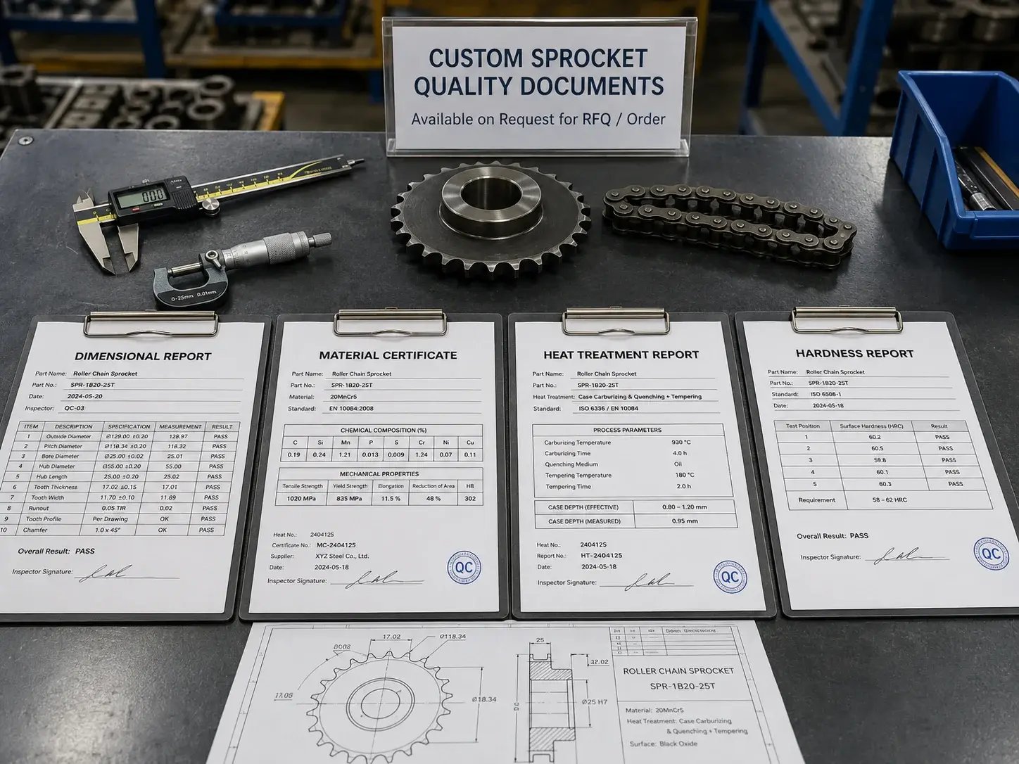 Custom sprocket quality document options including dimensional report, material certificate, heat treatment report, and hardness report when specified for the order.