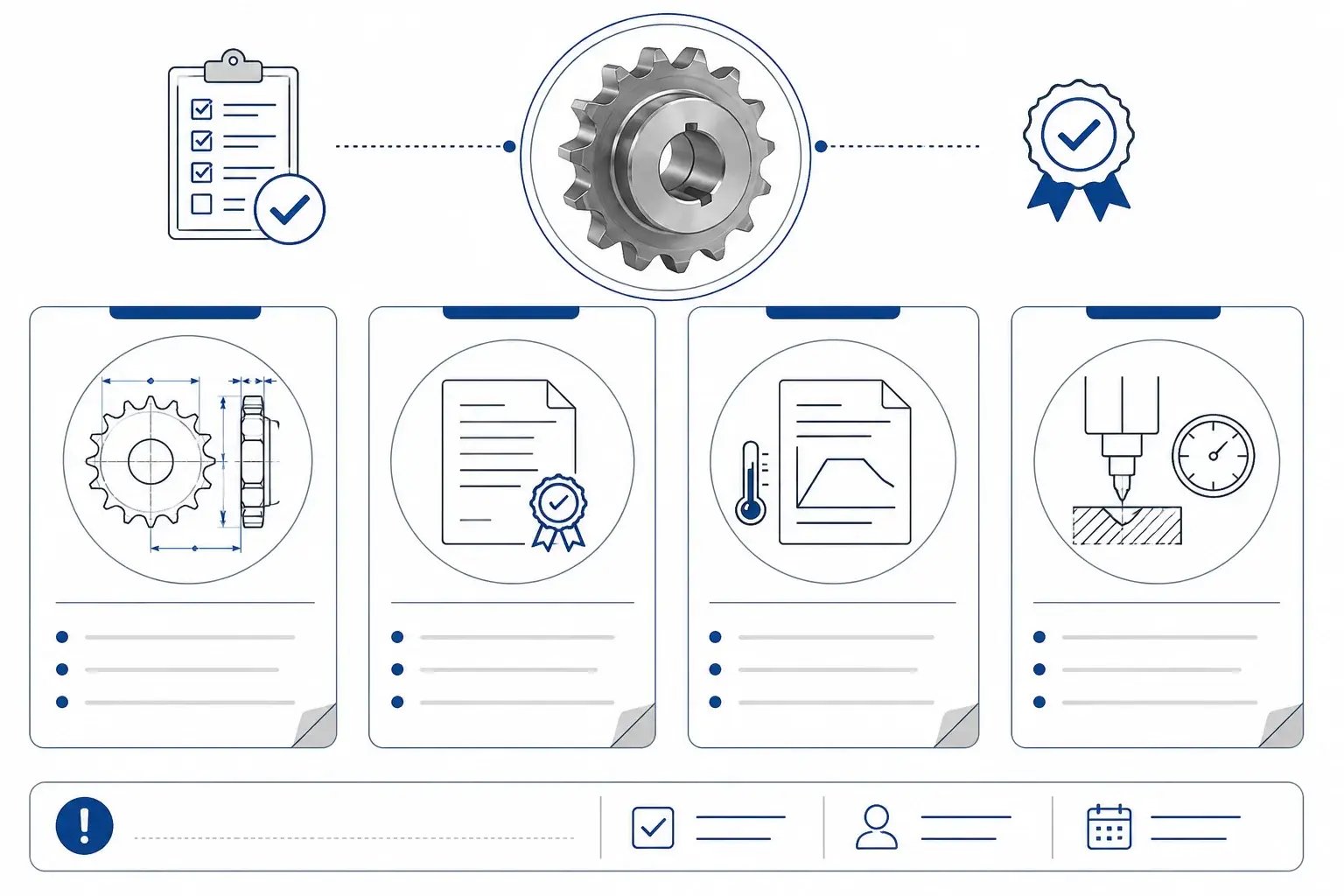 Sprocket quality document options including dimensional reports, material certificates, heat treatment reports, and hardness reports when specified for the order.