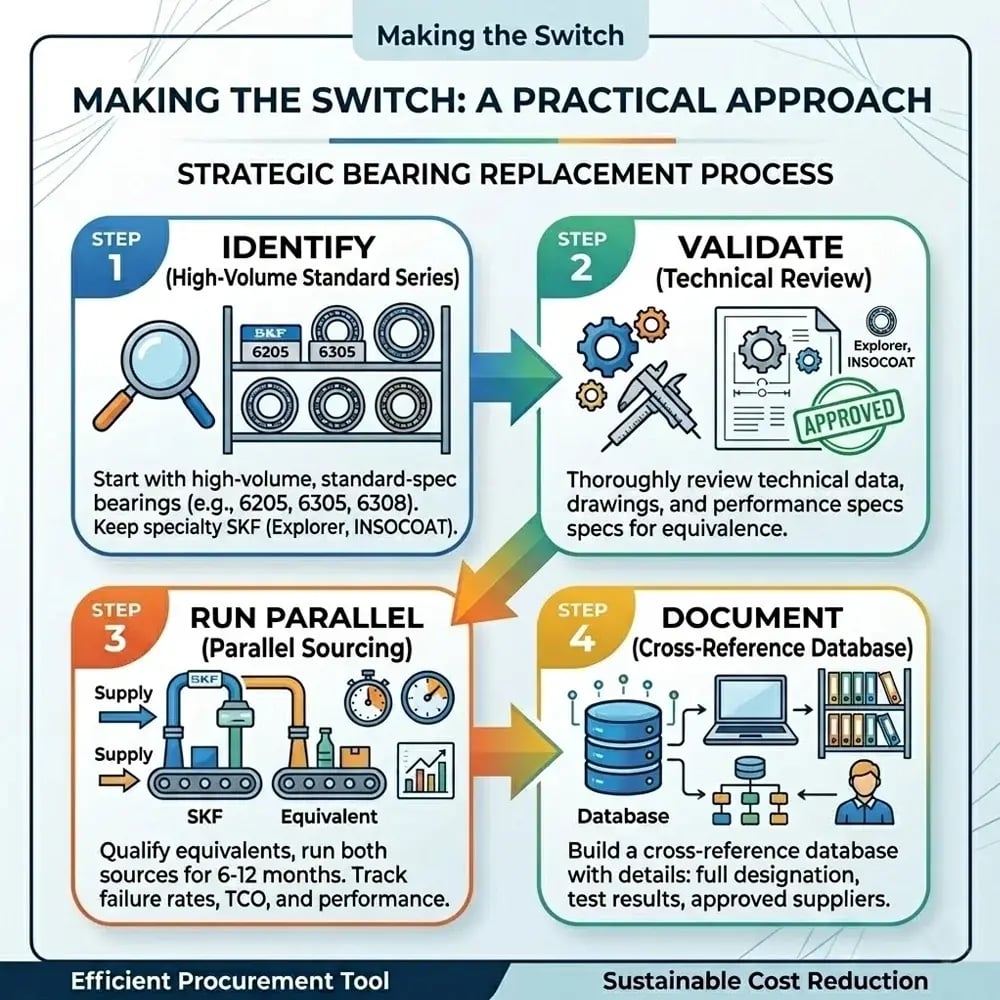 4-step process for switching to SKF bearing equivalents: identify, validate, run parallel sourcing, and document