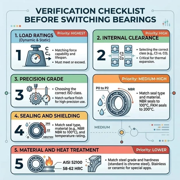5-point verification checklist before switching to SKF bearing equivalents: load ratings, internal clearance, precision grade, sealing, and material