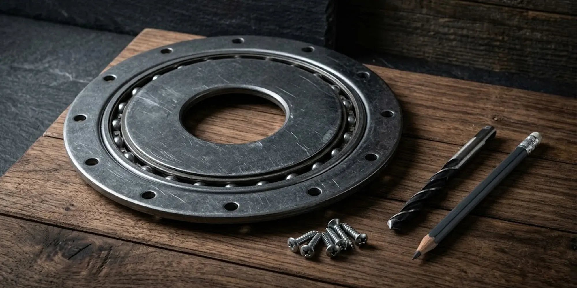 A lazy susan turntable bearing on a wooden surface with wood screws, a drill bit, and a pencil — ready for installation