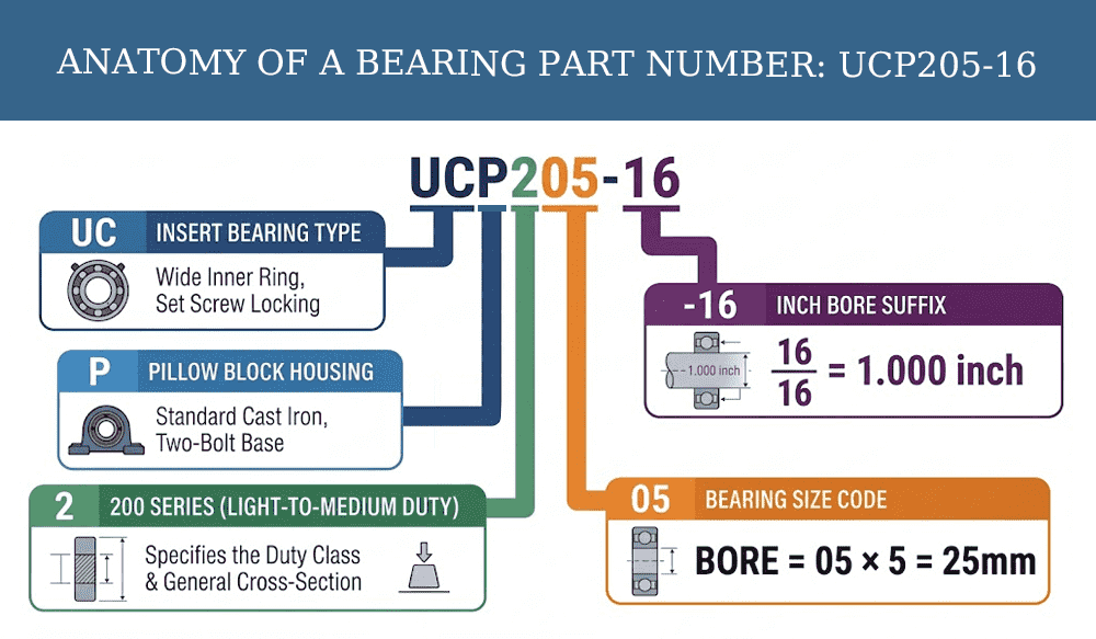 Anatomy of a pillow block bearing model number UCP205-16 showing UC insert type, P housing, 200 series, 05 bore code, and -16 inch suffix