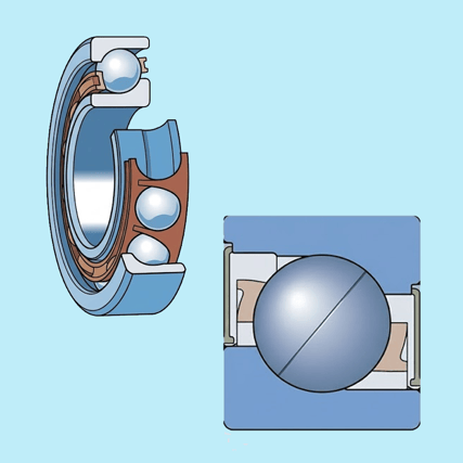 角接触球轴承横截面图，展示了非对称外圈及接触角。