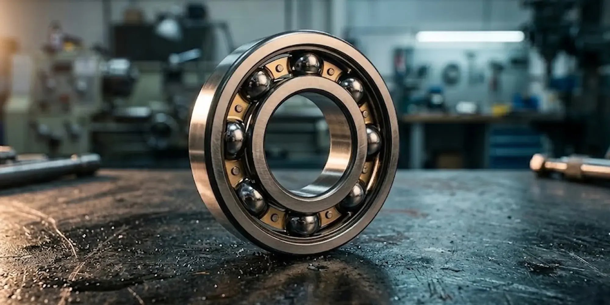 Ball bearing size chart reference — deep groove ball bearing with visible inner race, outer ring, and steel balls