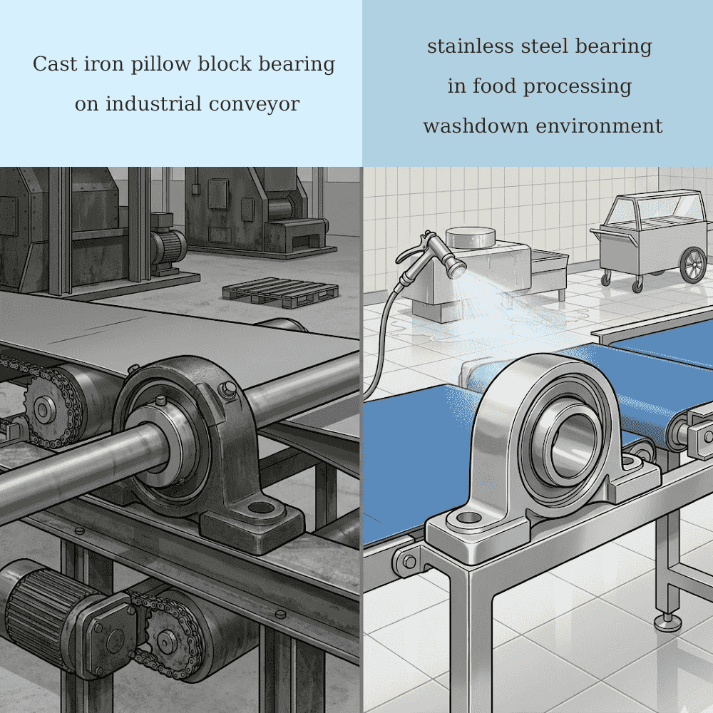 Cast iron pillow block bearing on industrial conveyor vs stainless steel bearing in food processing washdown environment