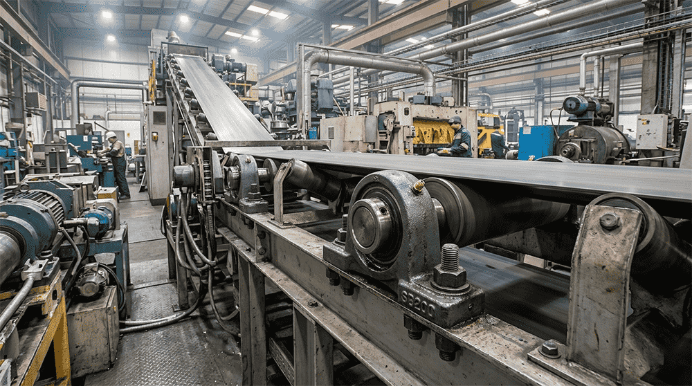 Cast iron pillow block bearings installed on a conveyor system in an industrial factory