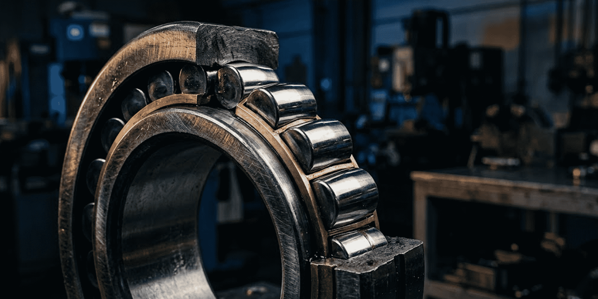 Primer plano de un rodamiento de rodillos cilíndricos en un oscuro taller industrial