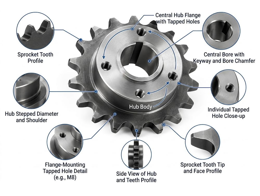 Close-up of a machined roller chain sprocket showing tooth profile, bore, keyway, hub face, and mounting holes
