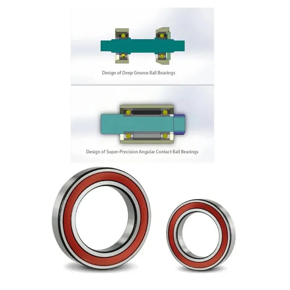 深沟球轴承与超精密角接触球轴承设计对比,展示接触角和承载能力差异,适用于光学仪器应用