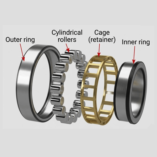 圆柱滚子轴承结构图：外圈、圆柱滚子、保持架和内圈