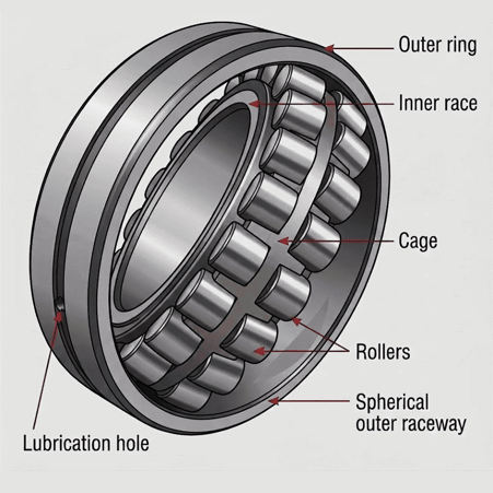 调心滚子轴承结构图：外圈、内圈滚道、保持架、滚子、球面外滚道及润滑孔