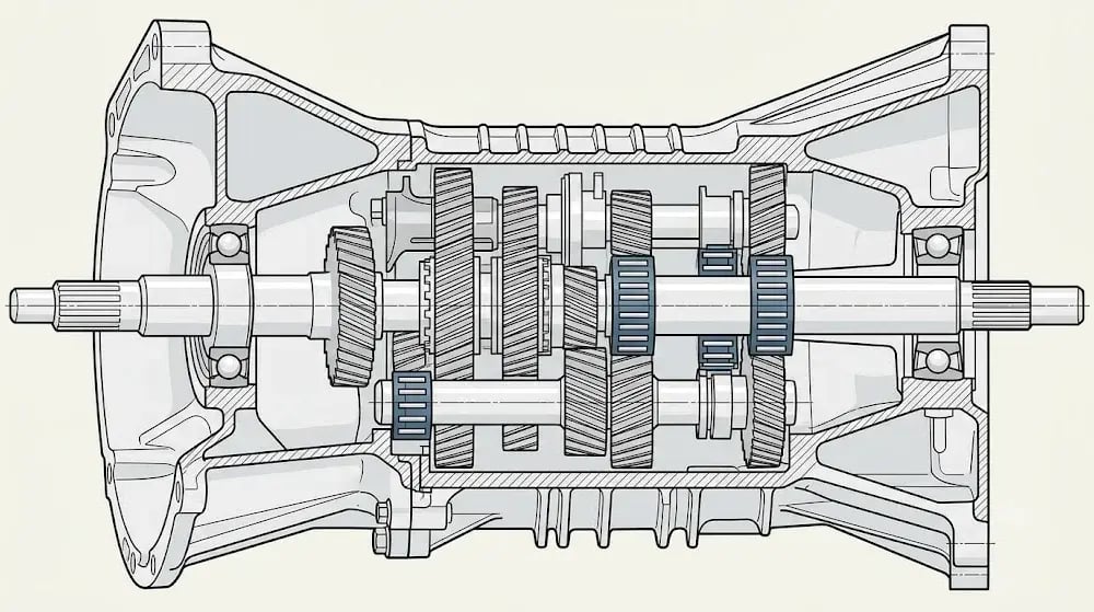 Cutaway diagram of an automotive gearbox with needle roller bearings installed on gear shafts