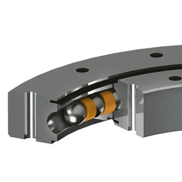 Double-row four-point contact ball slewing bearing cross-section showing two rows of ball rolling elements and sealing system for wind turbine pitch bearing application