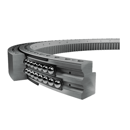 Double-row four-point contact ball slewing bearing showing two parallel rows of ball rolling elements for wind turbine pitch bearing high load capacity