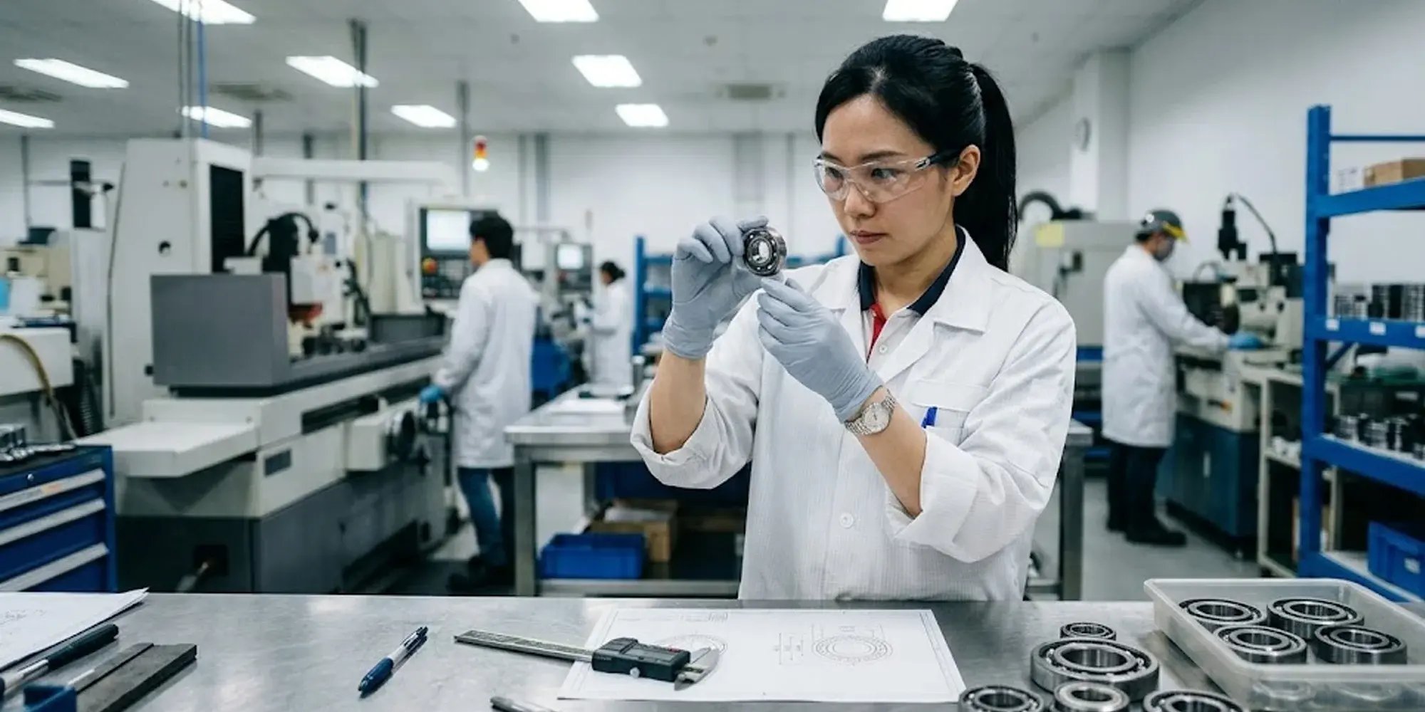 Engineer examining a custom precision bearing during OEM quality inspection in a modern bearing manufacturing facility