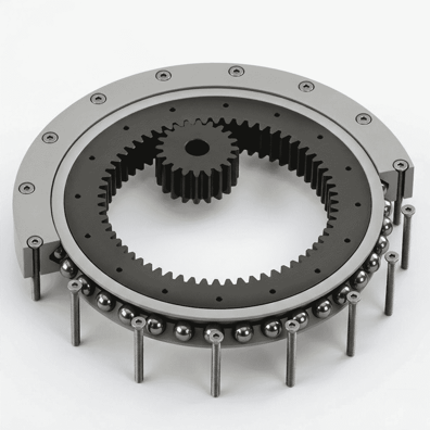 Excavator slew ring bearing cutaway model showing internal gear teeth meshing with drive pinion, ball rolling elements and mounting bolts