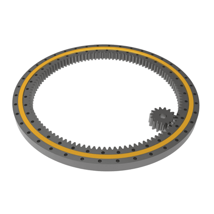 Excavator slew ring bearing with external gear teeth and drive pinion showing gear mesh engagement