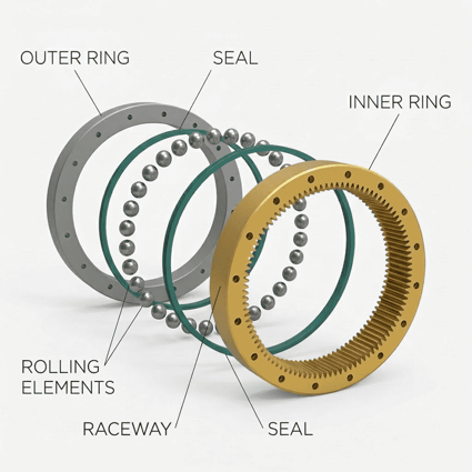 Exploded diagram of slew ring bearing components showing outer ring, inner ring, rolling elements, raceway and seals — internal gear type