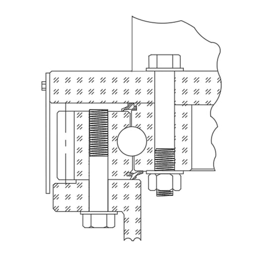 inner ring supports upper structure via through bolts, outer ring anchored to lower structure