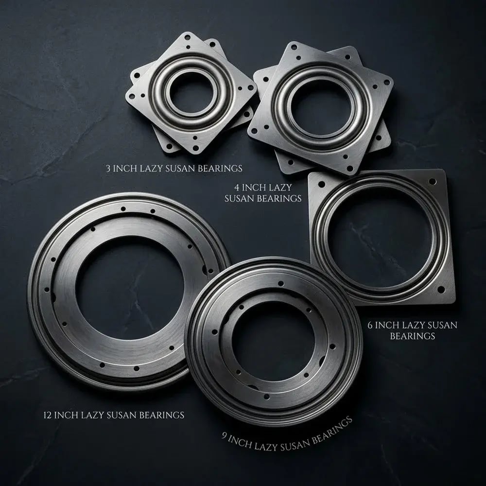 Five lazy susan bearing sizes from Lily Bearing: 3 inch, 4 inch, 6 inch, 9 inch, and 12 inch turntable bearings