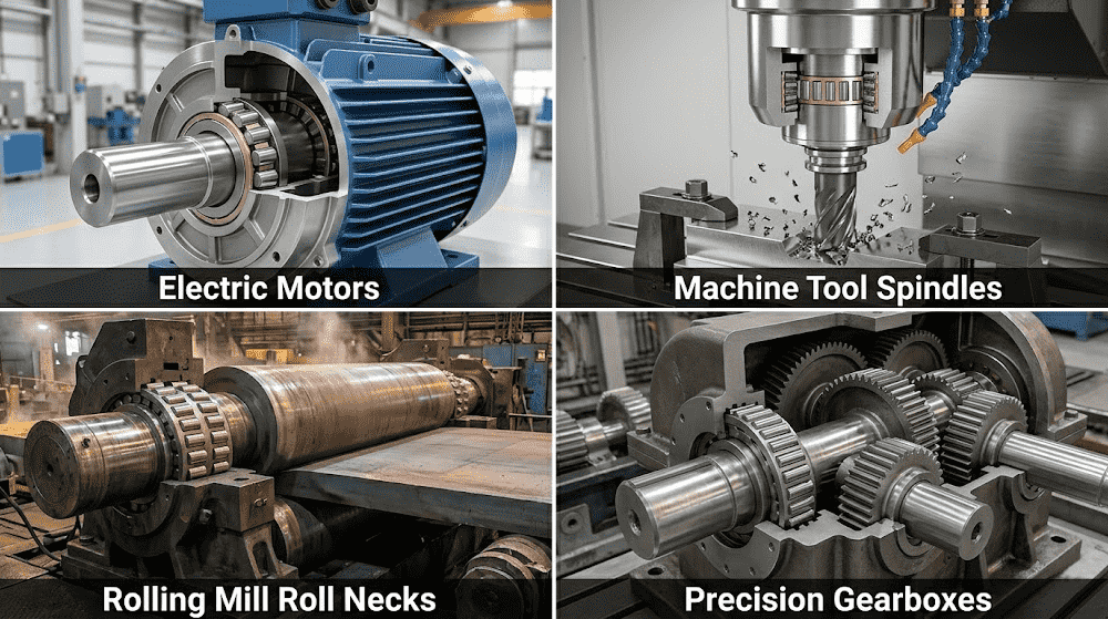 圆柱滚子轴承的四种工业应用：电动机、机床主轴、轧机辊颈和精密齿轮箱