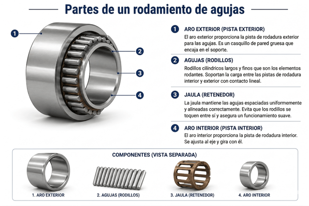 Partes de un rodamiento de agujas