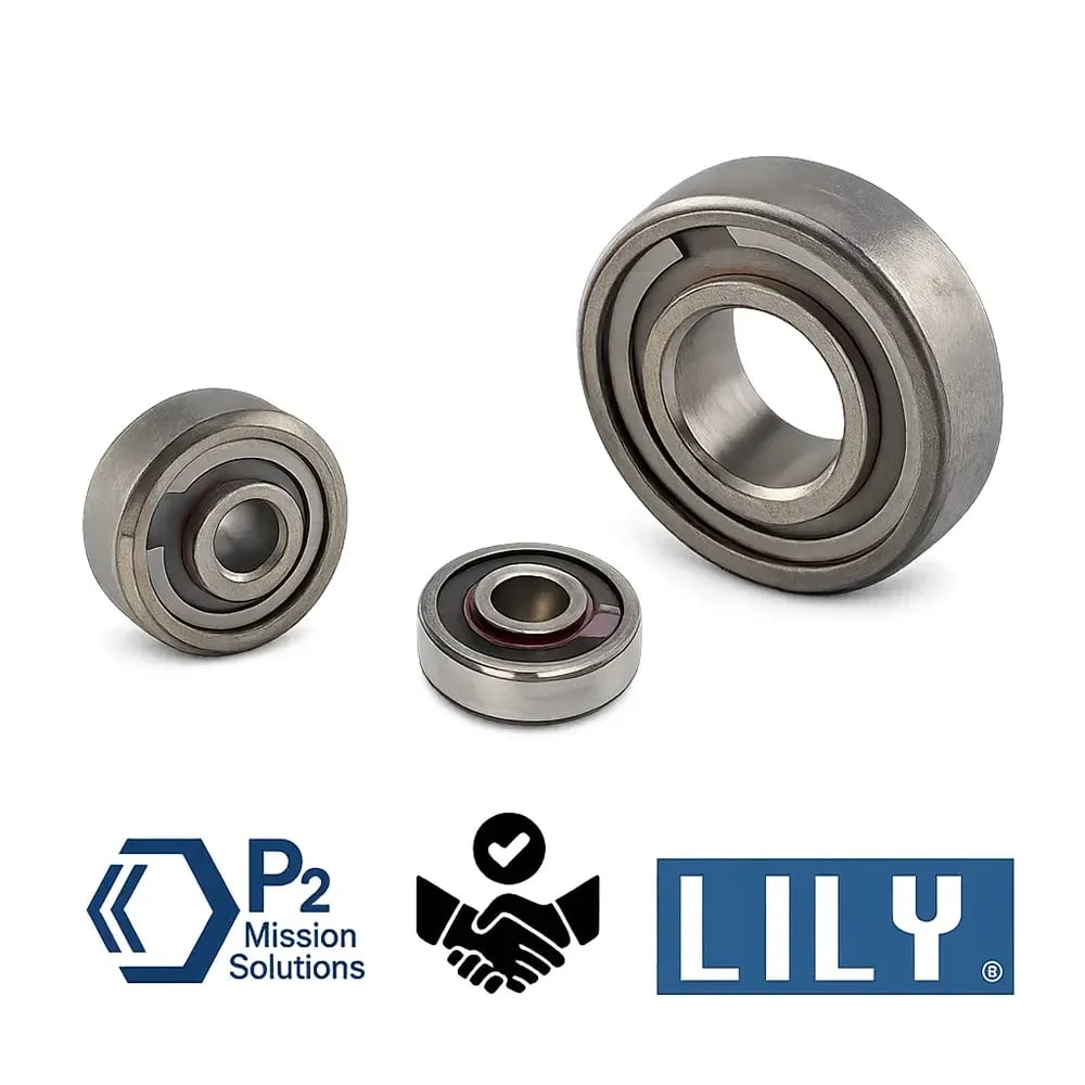 Rodamientos de bolas de control de estructura de aeronave personalizados de LILY Bearing en acero inoxidable con retén PTFE, suministrados a P2 Mission Solutions para equipos de soporte en tierra aeroespacial